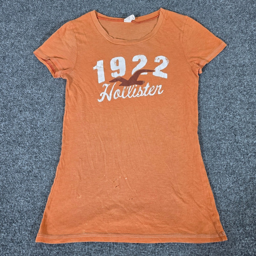 Hollister Womens Graphic T-Shirt Orange 1922 Seagull Logo Slim Fit L Distressed